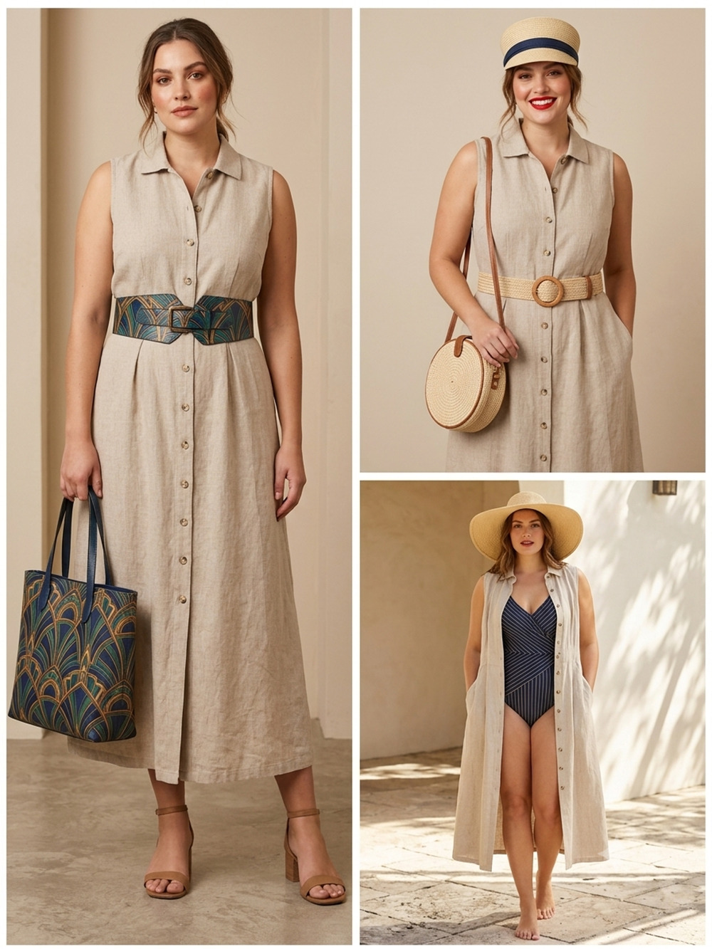 Rafaella 100% Linen Sleeveless long Shirt Dress Size 10 Neutral Midi Button Down
